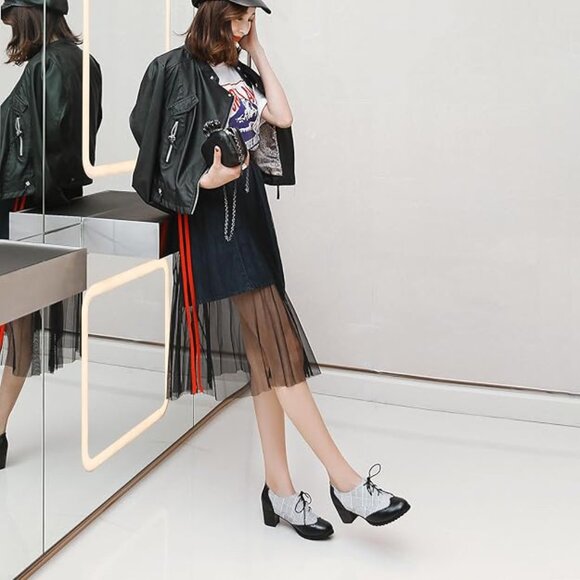 NEW! Women's Retro Wingtip Block Heel Lace Up Oxfords Stacked Chunky High Heels - Picture 6 of 6